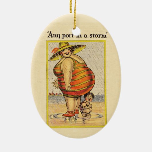 Funny Fat Lady on Beach Keramik Ornament (Hinten)