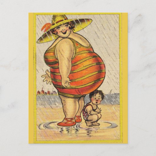 Funny Fat Lady on Beach Postkarte (Vorderseite)