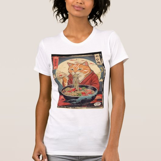 Funny Feline Eating Ramen Japanese Ukiyo-e Style T-Shirt (Vorderseite)