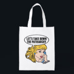 Funny Feminist Pop Art Anti Patriarchat Retro Frau Wiederverwendbare Einkaufstasche<br><div class="desc">Lasst uns das Patriarchiegeschenk abnehmen. Niedliche Retro-Pop Kunst Feminismus Design für eine starke Pro-Wahl Frauen wählen für die weibliche Führung in unserem Land. Setzen Sie sich mit diesem coolen politischen Humor-Cartoon für Frauenrechte und Frauenförderung ein, der von einer hübschen blonden Führungspersönlichkeit begleitet wird, die einen FrauenMärz auf einem Vintagen Telefon...</div>