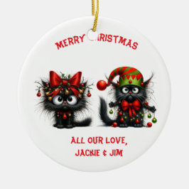 Funny Festive Frazzy Black Christmas Cats Keramik Ornament