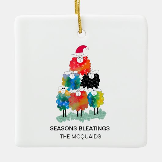 Funny & Festive Holiday Sheep Saisons Bleatings Keramikornament (Vorderseite)