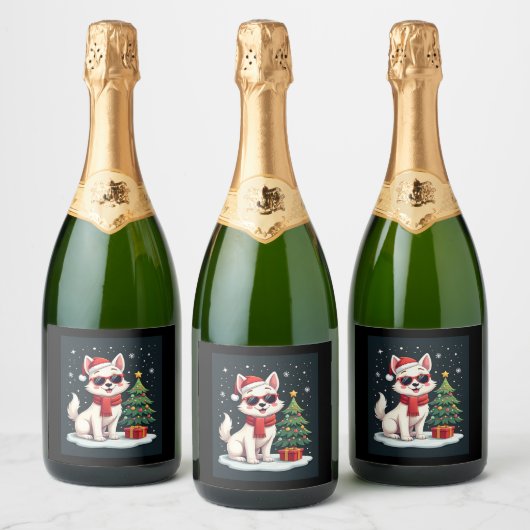Funny Festive Sonnenbrille Hund mit Weihnachtsbaum Schaumweinetikett (Flaschen)