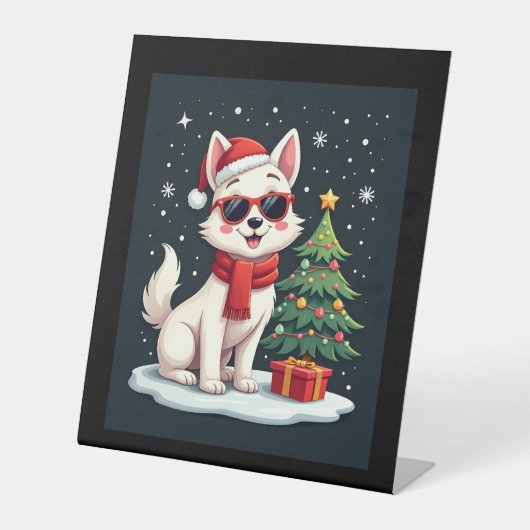 Funny Festive Sonnenbrille Hund mit Weihnachtsbaum Sockelschild (Vorderseite)