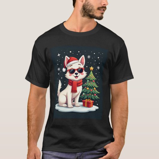 Funny Festive Sonnenbrille Hund mit Weihnachtsbaum T-Shirt (Vorderseite)