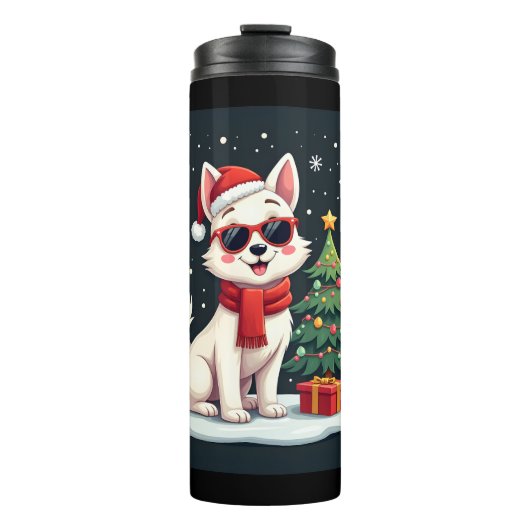 Funny Festive Sonnenbrille Hund mit Weihnachtsbaum Thermosbecher (Vorderseite)