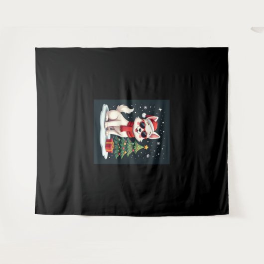 Funny Festive Sonnenbrille Hund mit Weihnachtsbaum Wandteppich (Vorderseite (Horizontal))