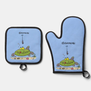 Funny Fett hungriger grüner Cartoon Ofenhandschuh & Topflappen-Set
