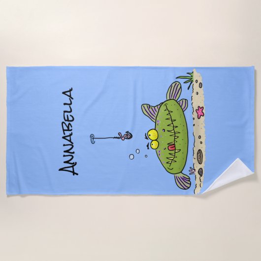 Funny Fett hungriger grüner Cartoon Strandtuch (Vorderseite)
