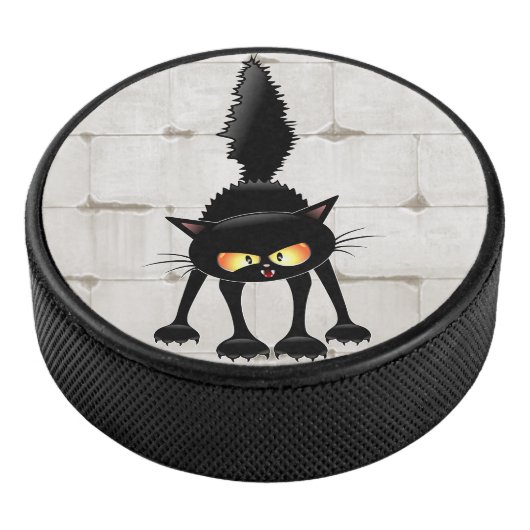 Funny Fierce Black Cat Cartoon Eishockey Puck (3/4)