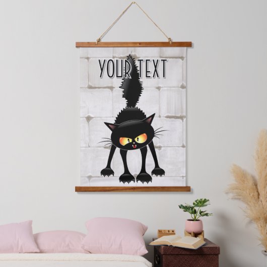 Funny Fierce Black Cat Cartoon  Wandteppich Mit Holzrahmen (Schlafzimmer)