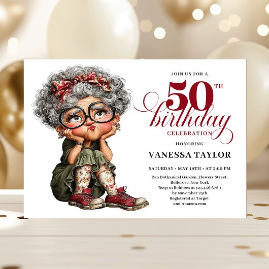 Funny fifty woman humor invite whimsical theme einladung