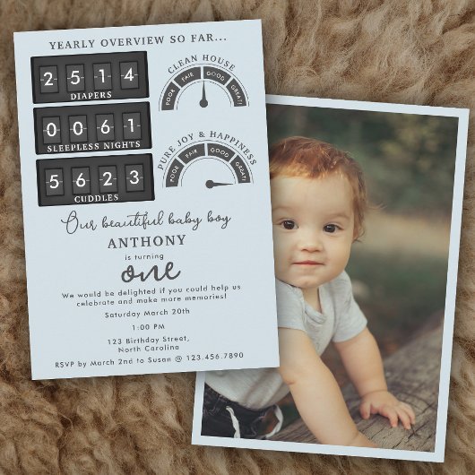 Funny First Birthday Baby Boy Cute Stats Photo Einladung