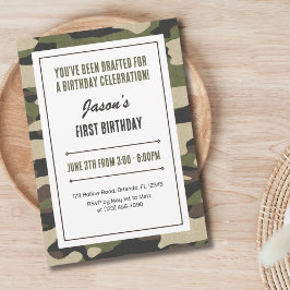Funny First Birthday Military Green Camouflage Spa Einladung