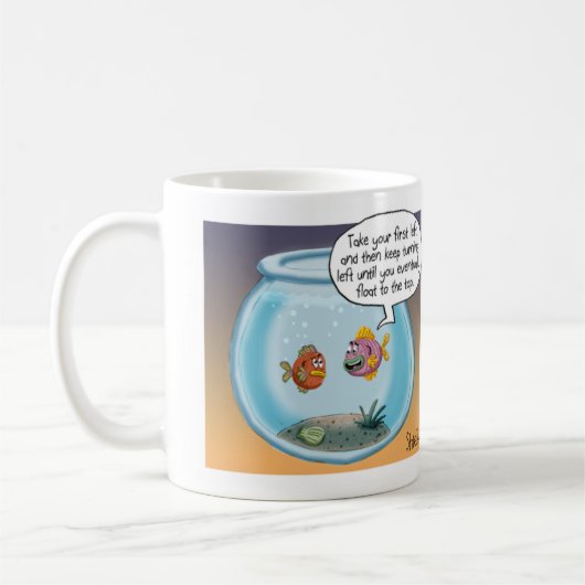 Funny Fish Directors Cartoon über Leben und Tod Kaffeetasse (Links)
