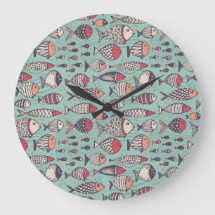 Funny Fish: handgezeichnet nahtloses Muster. Große Wanduhr