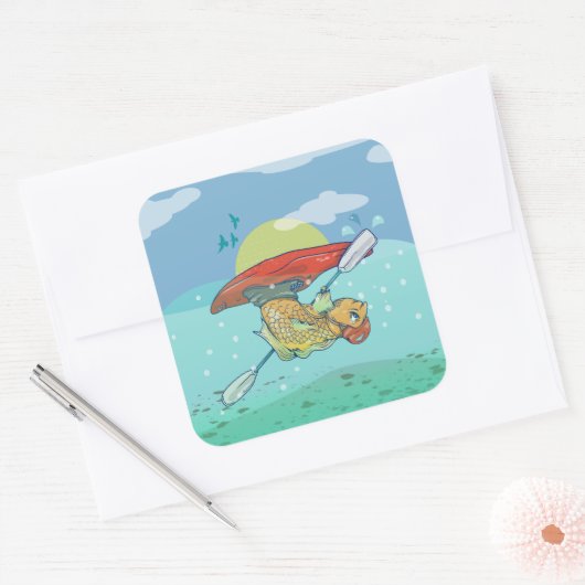 Funny fish kayaking quadratischer aufkleber (Umschlag)