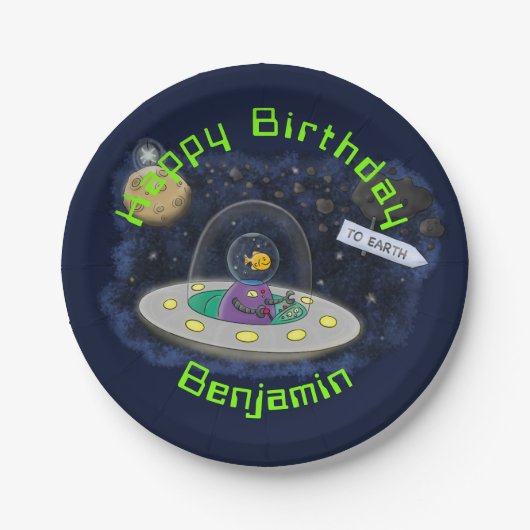 Funny Fish Weltraumschiff Cartoon Illustration Pappteller (Vorderseite)