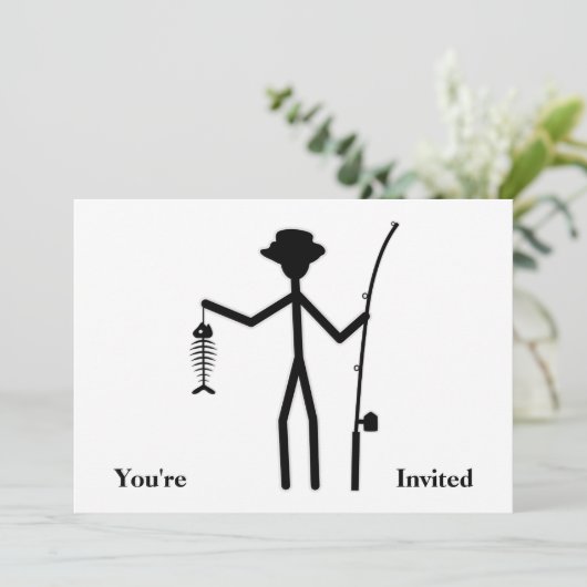 Funny Fisherman Strichmännchen Holding Fisch Knoch Einladung (Stehend Vorderseite)