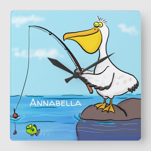 Funny fishing pelican cartoon quadratische wanduhr (Vorderseite)