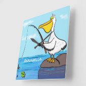 Funny fishing pelican cartoon quadratische wanduhr (Winkel)
