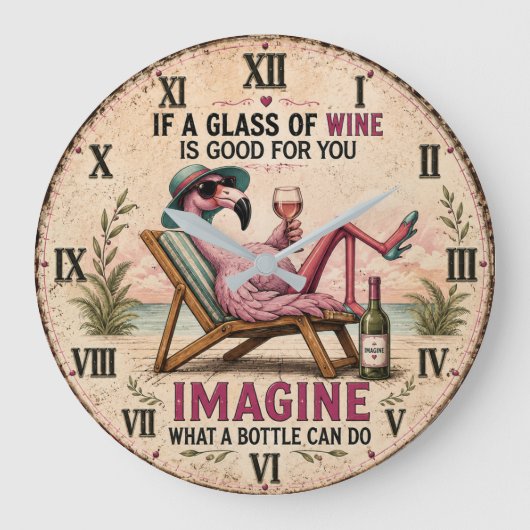 Funny Flamingo Beach Große Wanduhr (Vorderseite)