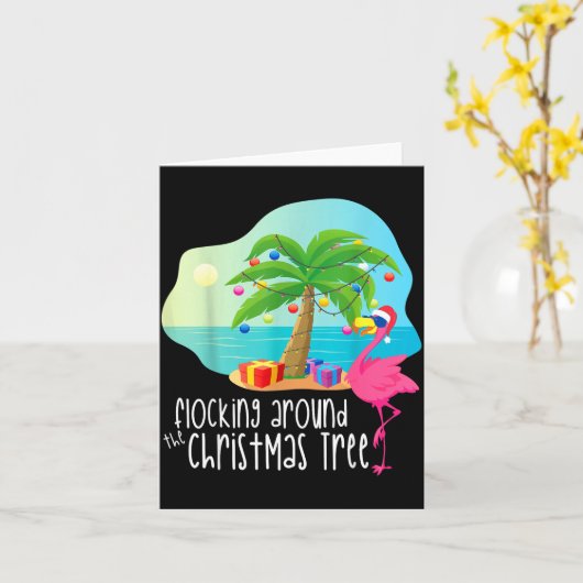 Funny Flamingo Flocking Around The Christmas Tree  Karte (Gelbe Blume)