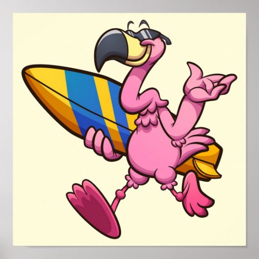 Funny Flamingo mit Surf Board Poster (Vorne)