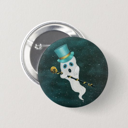 Funny Floating Ghost in Sky Blue Green Top Hat Button (Vorne & Hinten)
