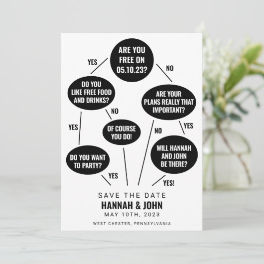 Funny Flow Chart Wedding Save the Date (Stehend Vorderseite)