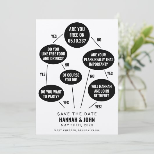 Funny Flow Chart Wedding Save the Date (Stehend Vorderseite)
