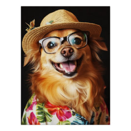 Funny Fluffy Dog with Hat, Glasses & Hawaiian Shir Poster