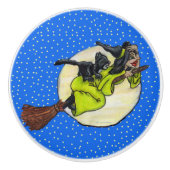 Funny Flying Hexe Black Cat Moon Stars Halloween Keramikknauf (Vorderseite)
