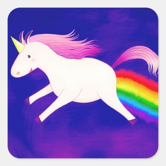 Funny Flying Unicorn Fargend a Rainbow Quadratischer Aufkleber (Vorderseite)