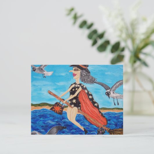 Funny Flying Witze Broom Cat Seagulls Beach Postkarte (Stehend Vorderseite)