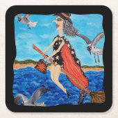 Funny Flying Witze Broom Cat Seagulls Beach Rechteckiger Pappuntersetzer (Vorderseite)