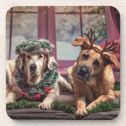 Funny Foto Hunde in Christmas Antlers and Headwear Getränkeuntersetzer (Vorderseite)