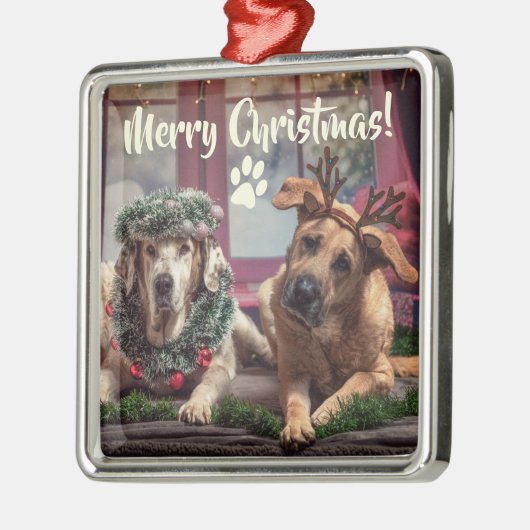 Funny Foto Hunde in Christmas Antlers and Headwear Ornament Aus Metall (Links)