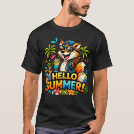Funny Fox Hello Summer Cartoon Design T-Shirt