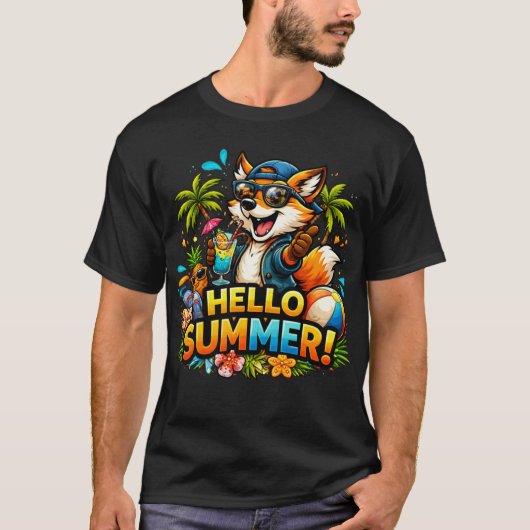Funny Fox Hello Summer Cartoon Design T-Shirt (Vorderseite)