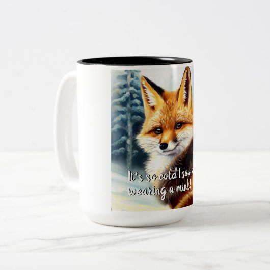 Funny Fox in Mink New Year's Eve Zweifarbige Tasse (Vorderseite Links)