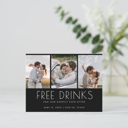 Funny Free Drinks 3 Foto Hochzeit Save the Date Ankündigungspostkarte (Stehend Vorderseite)