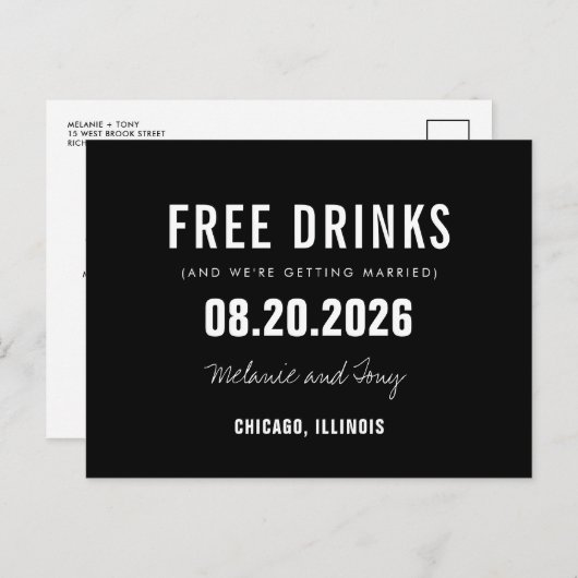 Funny Free Drinks Black Wedding Save the Date Ankündigungspostkarte (Vorne/Hinten)
