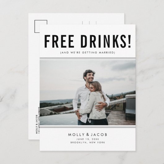 Funny Free Drinks Foto Hochzeit retten das Datum Ankündigungspostkarte (Vorne/Hinten)