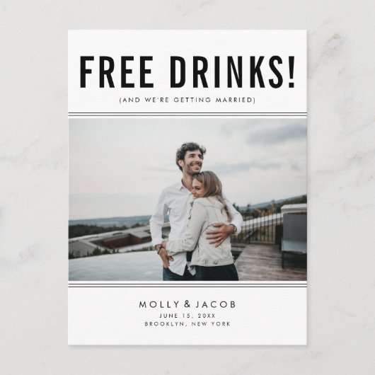 Funny Free Drinks Foto Hochzeit retten das Datum Ankündigungspostkarte (Vorderseite)