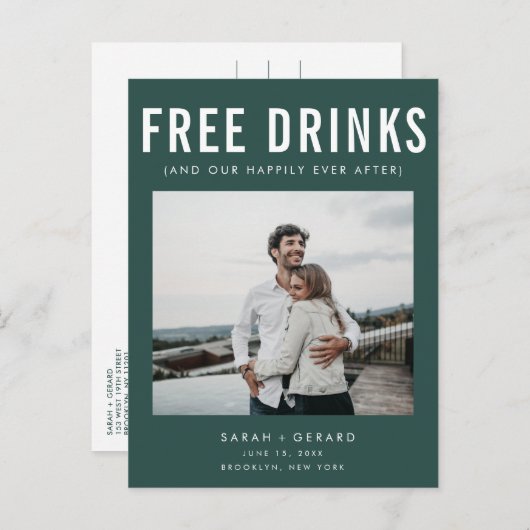 Funny Free Drinks Foto Hochzeit retten das Datum Ankündigungspostkarte (Vorne/Hinten)