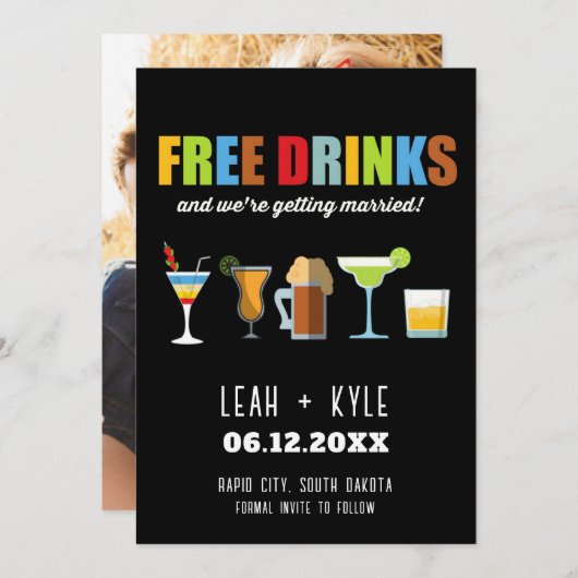 Funny Free Drinks Foto Hochzeit retten das Datum Einladung (Vorne/Hinten)