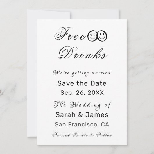 Funny Free Drinks Foto Hochzeit retten das Datum Einladung (Vorderseite)