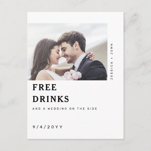 Funny Free Drinks Foto Hochzeit retten das Datum Postkarte (Vorderseite)