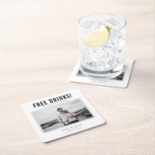 Funny Free Drinks Foto Hochzeit retten das Datum Rechteckiger Pappuntersetzer (Vor Ort)